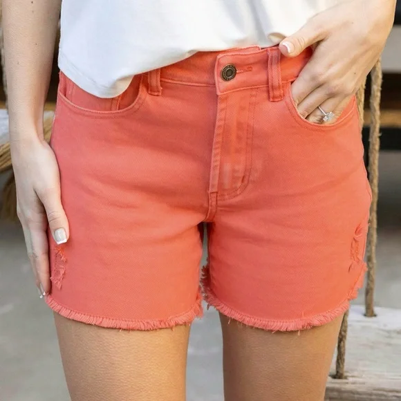 Grace & Lace Vibrant Coral Jean Shorts - Picture 4 of 8